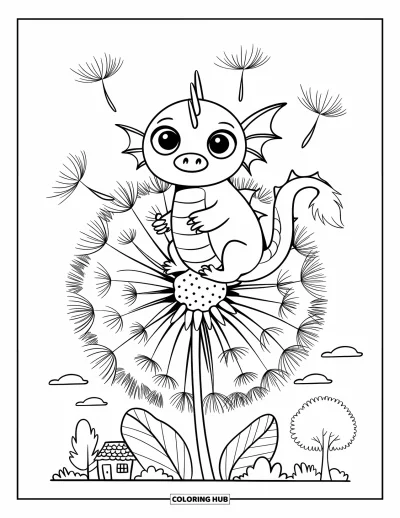 Dibujo de dragones para colorear para adultos: Un dragón de cola esponjosa se sienta en un diente de león, mirando las semillas flotar en el aire