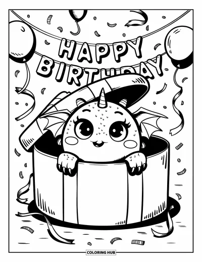 Dibujo de dragones para colorear para adultos: Un dragón feliz asoma desde una caja de regalo en una fiesta, con globos y serpentinas
