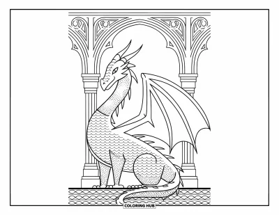 Dibujo de dragones para colorear para adultos: Un dragón majestuoso extiende sus alas bajo arcos góticos, sobre un suelo de patrón detallado