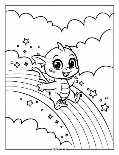 Dibujo de dragones para colorear para adultos: Un dragón juguetón monta un arcoíris, dejando estrellas y destellos en el cielo