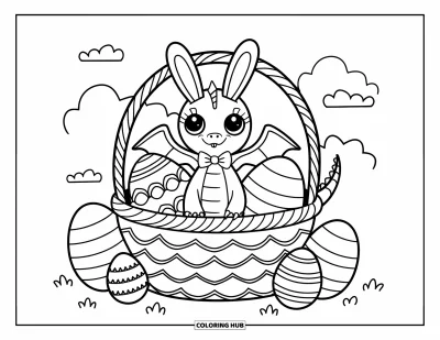 Dibujo de dragones para colorear para adultos: Un dragón juguetón con orejas de conejo se acurruca en una canasta de Pascua llena de huevos y nubes suaves