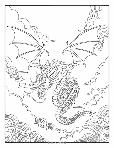 Dibujo de dragones para colorear para adultos: Un dragón poderoso de ojos penetrantes extiende sus alas ante un cielo lleno de nubes ornamentales