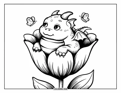 Dibujo de dragones para colorear para adultos: Un dragón regordete asoma desde una flor gigante, con las alas descansando suavemente sobre los pétalos