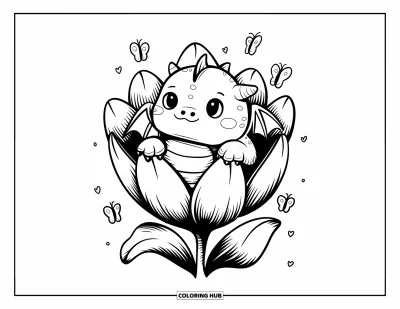 Dibujo de dragones para colorear para adultos: Un dragón regordete está sentado dentro de una flor gigante, con sus alas reposando suavemente mientras revolotean mariposas