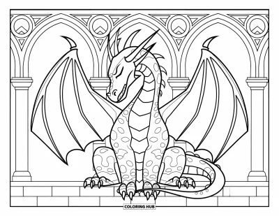 Dibujo de dragones para colorear para adultos: Un dragón regio se sienta entre arcos góticos, con las alas plegadas mientras observa su dominio