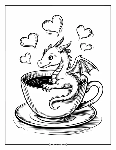 Dibujo de dragones para colorear para adultos: Un diminuto dragón se acurruca dentro de una taza de té, con la cola colgando del borde
