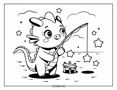 Dibujo de dragones para colorear para adultos: Un diminuto dragón se sienta en un muelle y alcanza estrellas flotantes con una caña de pescar
