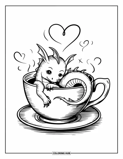 Dibujo de dragones para colorear para adultos: Un diminuto dragón se acurruca en una taza de té, con vapor en forma de corazón flotando en el aire