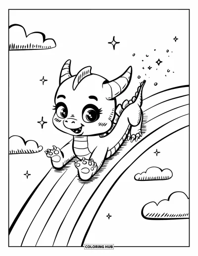 Dibujo de dragones para colorear para adultos: Un diminuto dragón de sonrisa feliz se desliza por un arcoíris dejando una estela de destellos