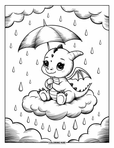 Dibujo de dragones para colorear para adultos: Un diminuto dragón con alas levantadas está sentado en una nube, protegiéndose de una suave lluvia de corazones