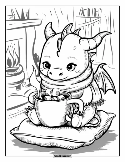 Dibujo de dragones para colorear para adultos: Un diminuto dragón envuelto en una bufanda disfruta una bebida caliente junto a la chimenea