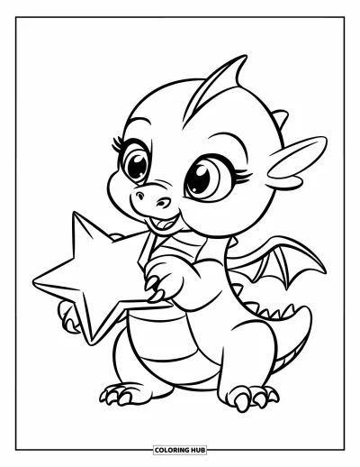 Dibujo de dragones para colorear para niños: Un bebé dragón sostiene una estrella con sus pequeñas garras y la mira con asombro