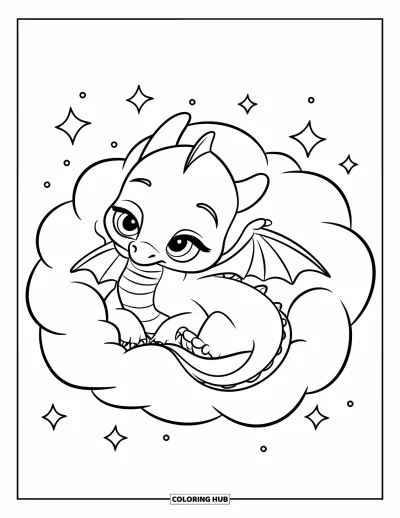 Dibujo de dragones para colorear para niños: Un bebé dragón duerme tranquilamente dentro de una nube, envuelto en un cielo de ensueño y estrellas