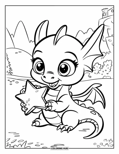 Dibujo de dragones para colorear para niños: Un bebé dragón de orejas puntiagudas mira una estrella, rodeado de montañas y un castillo