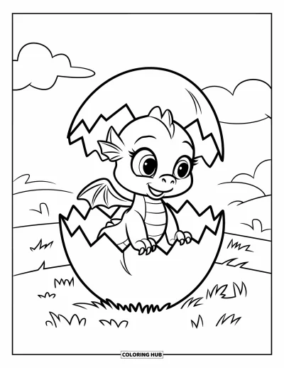 Dibujo de dragones para colorear para niños: Un bebé dragón con alitas está sentado en un huevo agrietado, mirando hacia el cielo