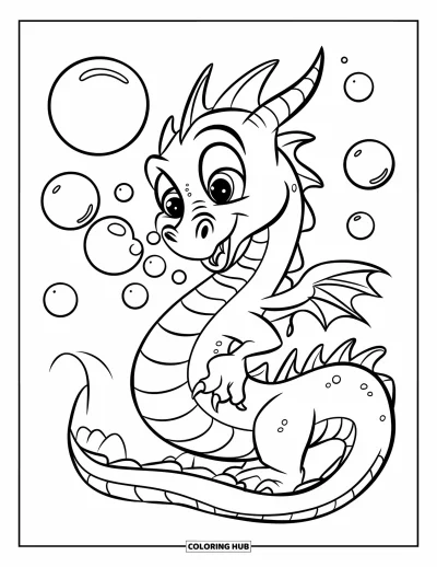 Dibujo de dragones para colorear para niños: Un dragón alegre está sentado con la cola curvada, soplando burbujas felizmente al aire