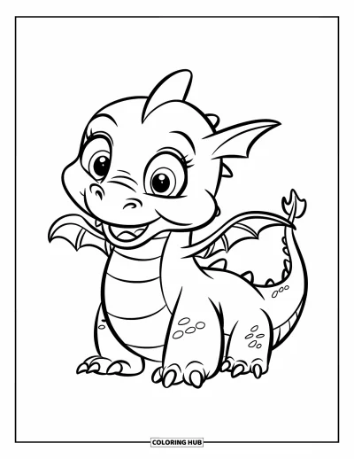 Dibujo de dragones para colorear para niños: Un dragón alegre de gran hocico mueve su cola juguetonamente mientras está sentado en una roca