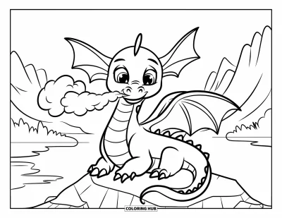 Dibujo de dragones para colorear para niños: Un dragón alegre de orejas caídas se sienta en una roca y exhala jugando una pequeña nube de humo