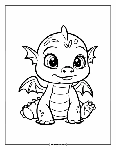 Dibujo de dragones para colorear para niños: Un bebé dragón rechoncho de ojos grandes está sentado contento, con un aire alegre y amistoso