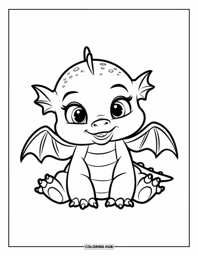 Dibujo de dragones para colorear para niños: Un bebé dragón rechoncho con alitas se sienta feliz, mirando con ojos redondos y tiernos