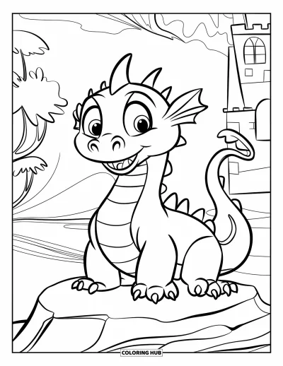 Dibujo de dragones para colorear para niños: Un dragón rechoncho de gran hocico se sienta en una roca moviendo su pequeña cola con alegría