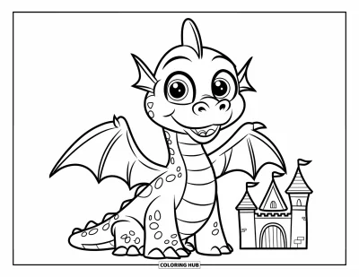 Dibujo de dragones para colorear para niños: Un dragón rechoncho de sonrisa amplia está junto a un castillo bajo un cielo despejado