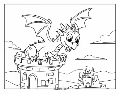 Dibujo de dragones para colorear para niños: Un dragón coronado se posa en una torre y observa con emoción el castillo de abajo