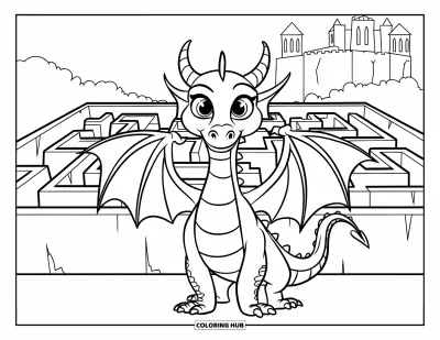 Dibujo de dragones para colorear para niños: Un dragón coronado está frente a un laberinto de altos muros, con un castillo al fondo