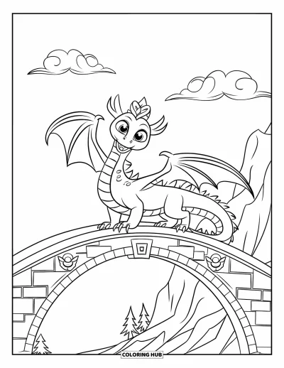 Dibujo de dragones para colorear para niños: Un dragón coronado está sobre un puente decorado, rodeado de nubes y árboles lejanos