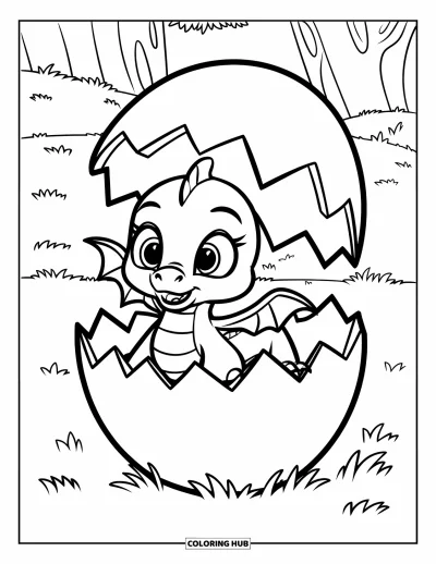 Dibujo de dragones para colorear para niños: Un bebé dragón curioso asoma desde un huevo agrietado en un campo de hierba