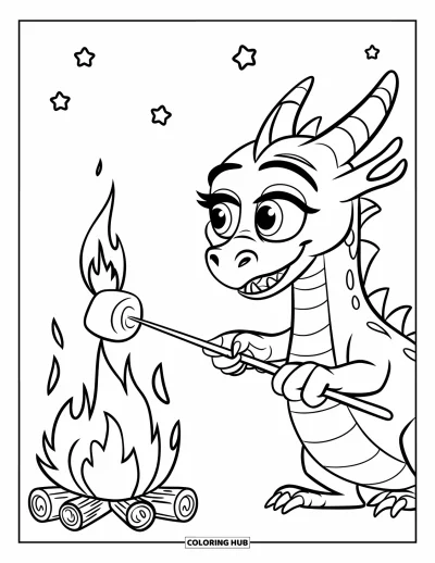 Dibujo de dragones para colorear para niños: Un dragón sopla una pequeña llama para intentar tostar un malvavisco junto a una fogata