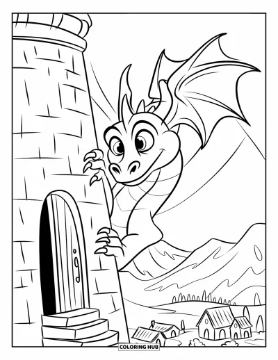 Dibujo de dragones para colorear para niños: Un dragón se aferra a una torre y mira hacia un pueblo rodeado de montañas y árboles