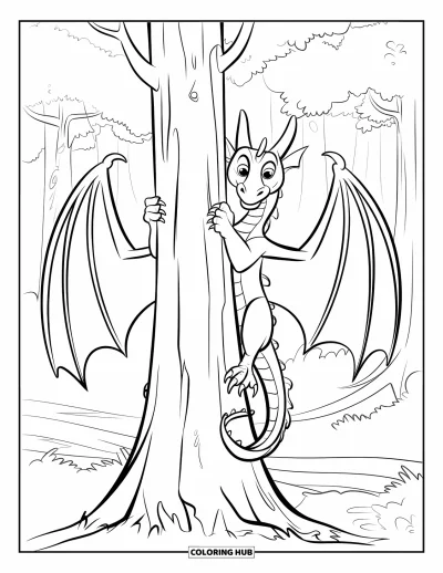 Dibujo de dragones para colorear para niños: Un dragón se aferra a un árbol en un bosque con neblina, con las alas pegadas al cuerpo