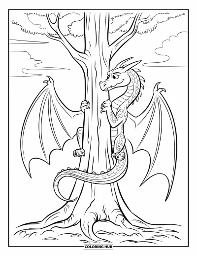 Dibujo de dragones para colorear para niños: Un dragón se aferra a un árbol con garras afiladas, enmarcado por un cielo oscuro y tormentoso