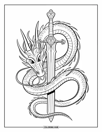 Dibujo de dragones para colorear para niños: Un dragón enrosca su cola alrededor de una espada decorada, mostrando los dientes con concentración