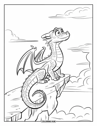 Dibujo de dragones para colorear para niños: Un dragón enrosca su cola en una cornisa irregular y mira al cielo con feroz determinación