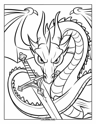 Dibujo de dragones para colorear para niños: Un dragón enrosca su cola alrededor de una espada y mira al frente con feroz concentración