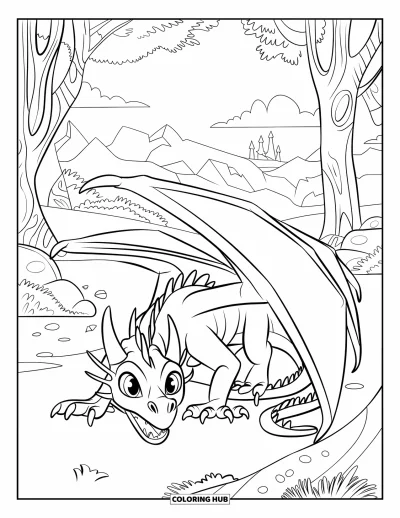 Dibujo de dragones para colorear para niños: Un dragón se agazapa en una zona arbolada, con la vista fija en un castillo lejano