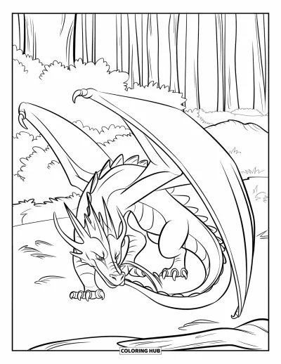 Dibujo de dragones para colorear para niños: Un dragón se agazapa en un bosque espeso, con las alas recogidas, listo para atacar