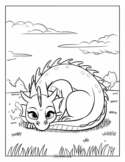 Dibujo de dragones para colorear para niños: Un dragón se acurruca como un gato y descansa en paz, con pequeñas bocanadas de aire cerca del hocico