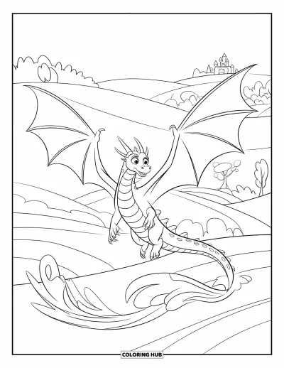 Dibujo de dragones para colorear para niños: Un dragón vuela sobre colinas onduladas, dejando remolinos de viento detrás