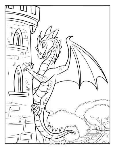 Dibujo de dragones para colorear para niños: Un dragón se aferra a una torre de piedra y mira hacia abajo con ojos penetrantes sobre la tierra