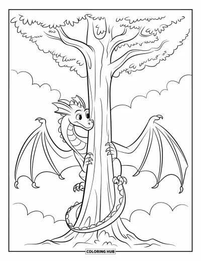 Dibujo de dragones para colorear para niños: Un dragón se aferra a un alto tronco de árbol, con las alas recogidas y nubes flotando alrededor