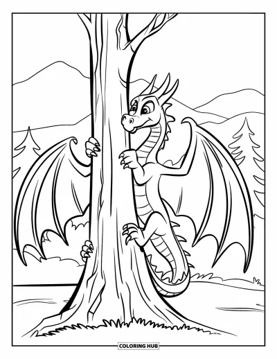 Dibujo de dragones para colorear para niños: Un dragón se aferra a un árbol enorme, contemplando montañas lejanas al fondo