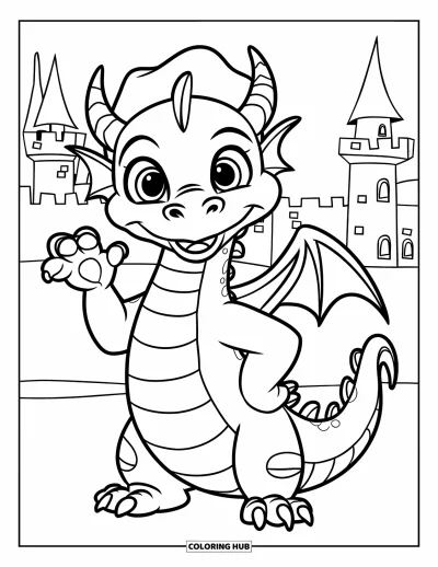 Dibujo de dragones para colorear para niños: Un dragón con sombrero saluda alegremente junto a un castillo de torres altas