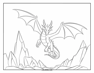 Dibujo de dragones para colorear para niños: Un dragón salta entre rocas escarpadas, con las garras estiradas en una feroz pose en el aire