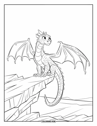 Dibujo de dragones para colorear para niños: Un dragón se posa en una cornisa rocosa, con las alas bien abiertas, mirando al cielo