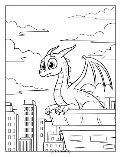 Dibujo de dragones para colorear para niños: Un dragón se posa en un tejado y mira el cielo sobre una ciudad de altos edificios