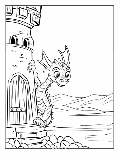 Dibujo de dragones para colorear para niños: Un dragón se posa en una torre, con sus grandes ojos observando el terreno rocoso de abajo