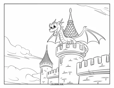Dibujo de dragones para colorear para niños: Un dragón se posa en una torreta con la boca abierta de emoción, sobre un camino empedrado